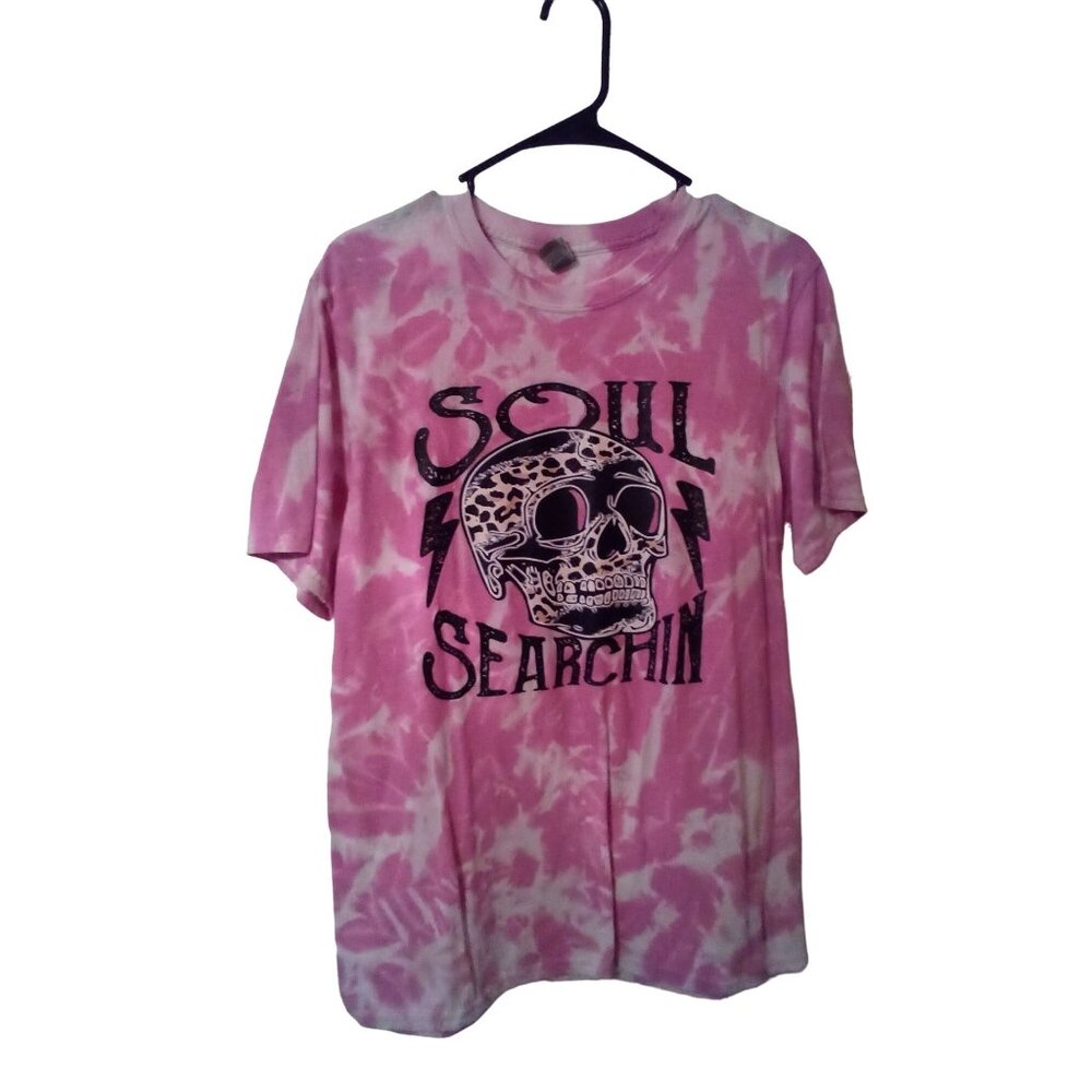 Soul Searchin Pink Tie-Dye T-Shirt With Leopard Skull Graphic Gildan Medium